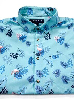 Mizzen Main Shirt Men's Medium Trim Fit Blue Short Sleeve Floral Flamingo